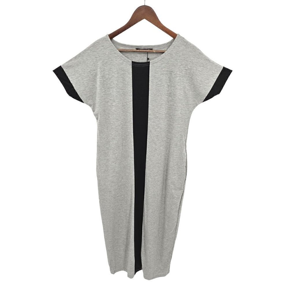 Auxo Maxi Dress‎ Sz Small 4 6 Short Sleeve Stretch Modest Pockets Gray Black NEW